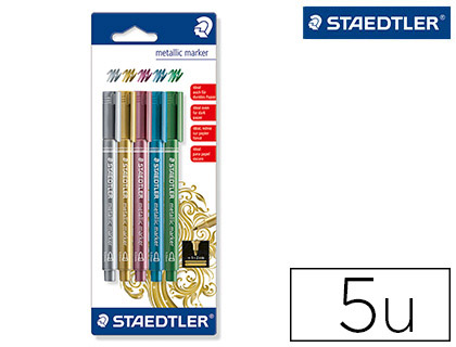 MARQUEUR STAEDTLER ENCRE MTALLIQUE BASE EAU EFFAABLE POINTE OGIVE TRAC 1.2MM COLORIS MTALLIQUES BLISTER 5 UNITS