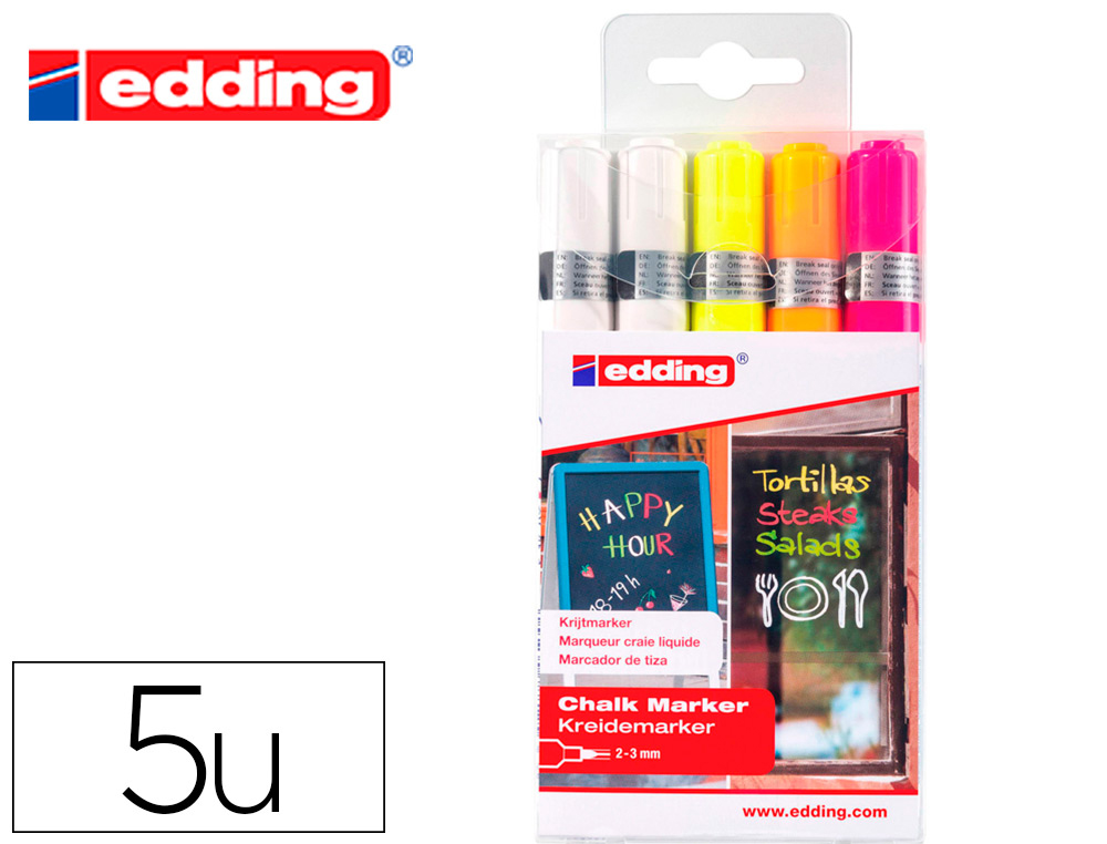 MARQUEUR EDDING CRAIE LIQUIDE E4095 FENTRE ARDOISE VERRE POINTE OGIVE 2  3MM ASSORTIS FLUOR POCHETTE 5 UNITS