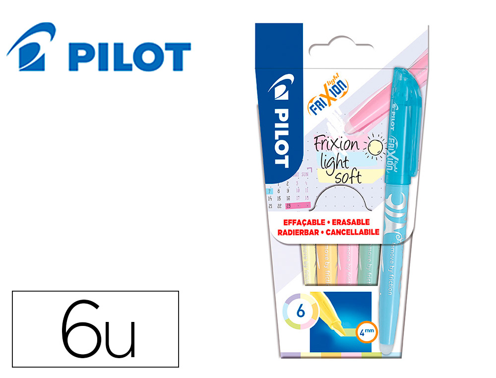 SURLIGNEUR PILOT FRIXION LIGHT SOFT EFFACABLE POINTE   MOYENNE BISEAUTEE COLORIS     PASTEL ASSORTIS POCHETTE 6
