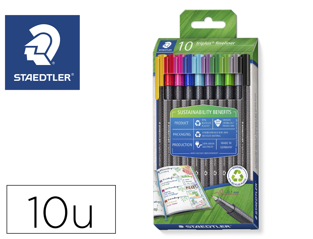 FEUTRE STAEDTLER TRIPLUS FINELINER 334 R POINTE EXTRA  FINE 0,3MM ERGONOMIQUE COLORIS ASSORTIS ETUI 10 UNITES