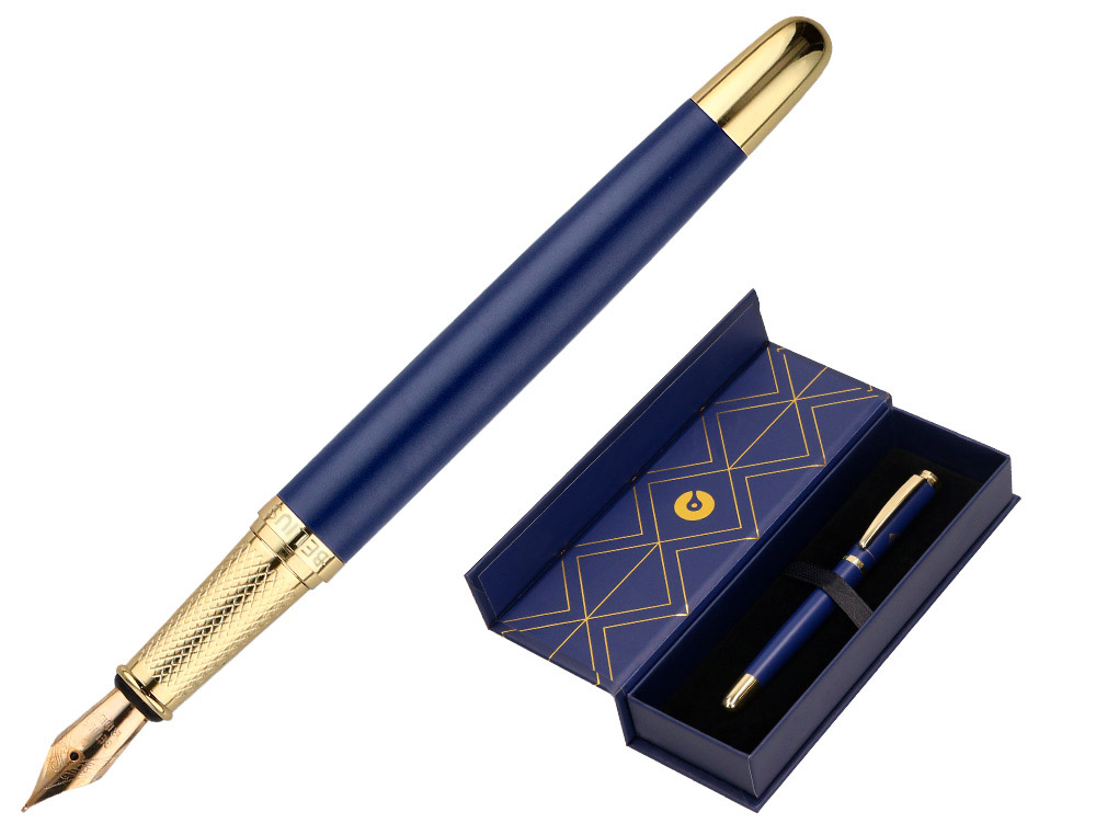STYLO-PLUME BELIUS SOIREE ALUMINIUM DETAILS ET ATTRIBUTS OR ENCRE BLEUE COLORIS BLEU MARINE DANS COFFRET CADEAU