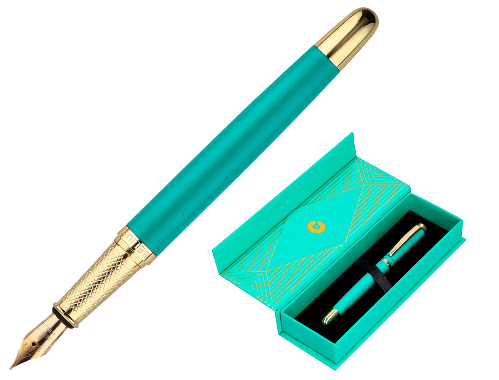 STYLO-PLUME BELIUS SOIREE ALUMINIUM DETAILS ET ATTRIBUTS OR ENCRE BLEUE COLORIS TURQUOISE DANS COFFRET CADEAU