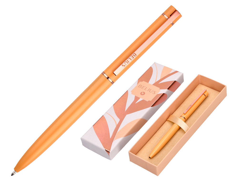 STYLO-BILLE BELIUS ROSE ALUMINIUM DETAILS ET ATTRIBUTS OR ROSE ENCRE BLEUE COLORIS ORANGE DANS COFFRET CADEAU