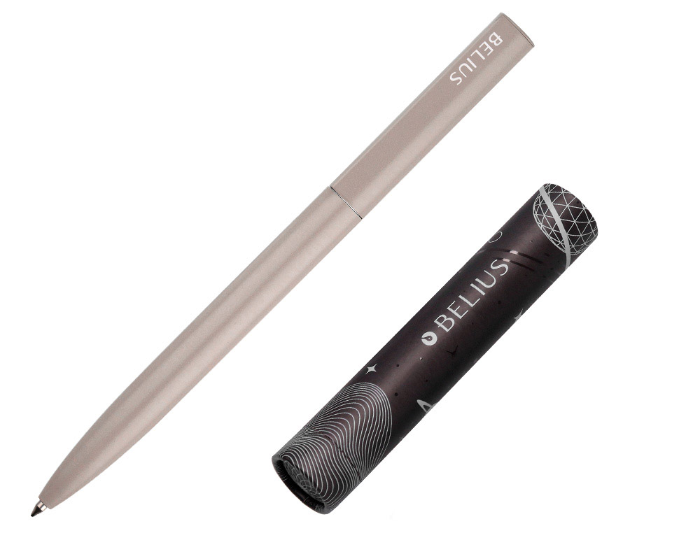 STYLO-BILLE BELIUS ROCKET B MONOCHROME SANS AGRAFE ENCRE BLEUE COLORIS GRIS DANS COFFRET CADEAU ORIGINAL CYLINDRIQUE