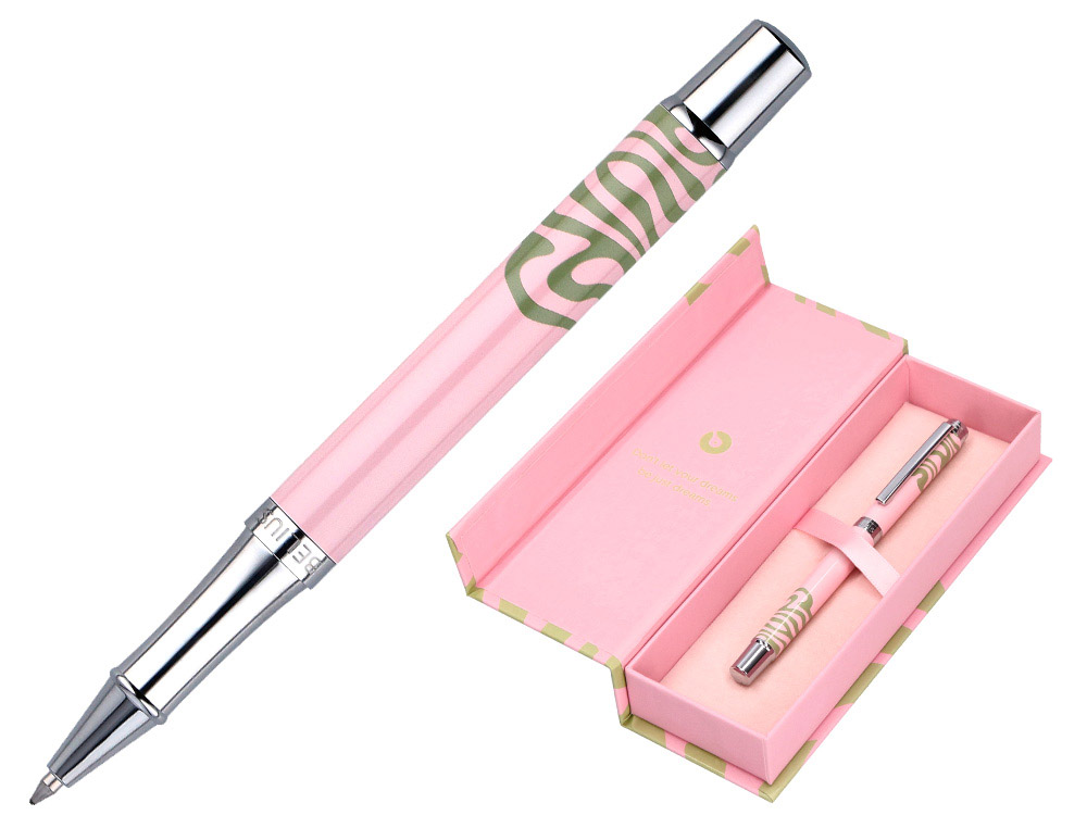 ROLLER BELIUS INK DREAMS ALUMINIUM ATTRIBUTS ARGENT ENCRE NOIRE COLORIS ROSE ONDULATIONS VERT MATCHA DANS COFFRET CADEAU