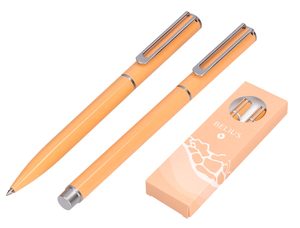 PARURE STYLO-BILLE ET ROLLER BELIUS ENDLESS SUMMER ALUMINIUM ATRIBUTS ARGENT ENCRE BLEUE COLORIS ORANGE COFFRET CADEAU