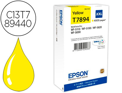 CARTOUCHE EPSON T7894 JET D'ENCRE C13T789440 POUR WORKFORCE WF 5620 5110 5190 5690 COULEUR JAUNE 4000P