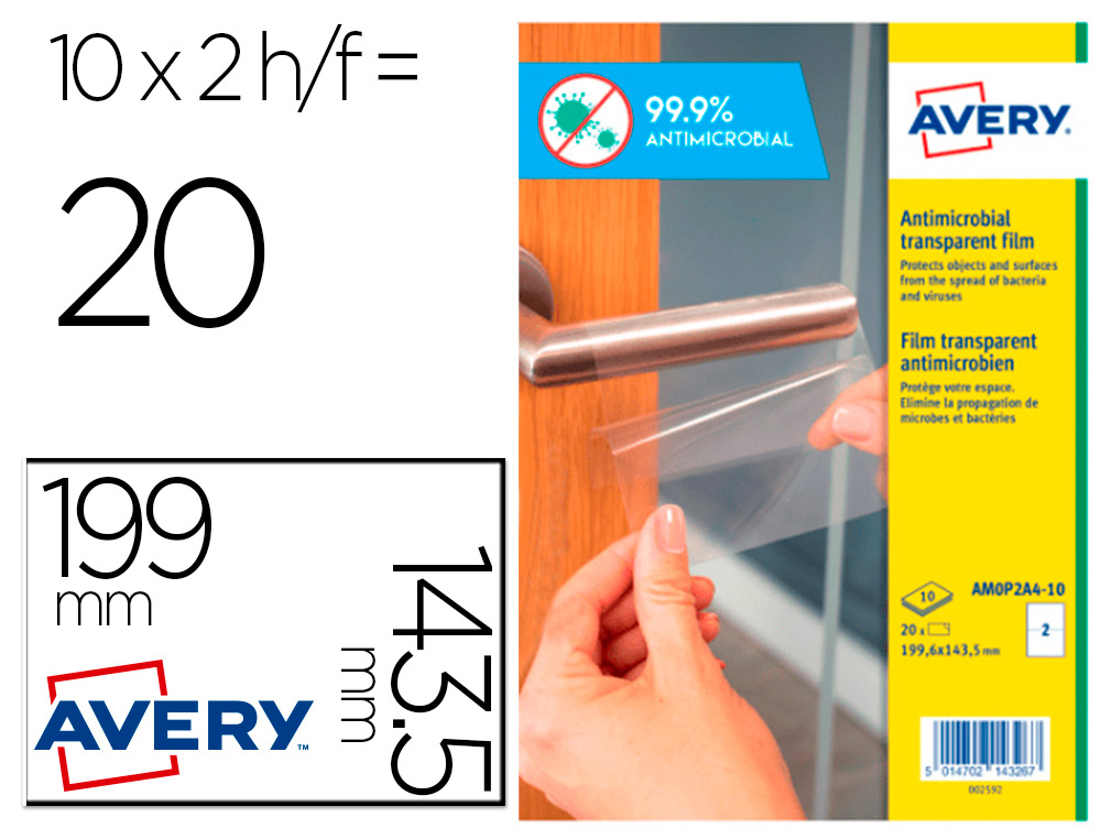 FILMS AVERY ANTIMICROBIENS ADHESIF AMOVIBLE199,6X143,5MM BOITE DE 20