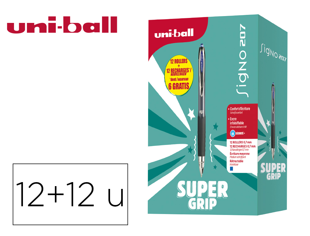 ROLLER UNIBALL SIGNO BROAD ENCRE GEL POCHETTE DE 12      ROLLERS C23 207 UMN 207 BLEU  + 12 RECHARGES UMR87 DONT 6