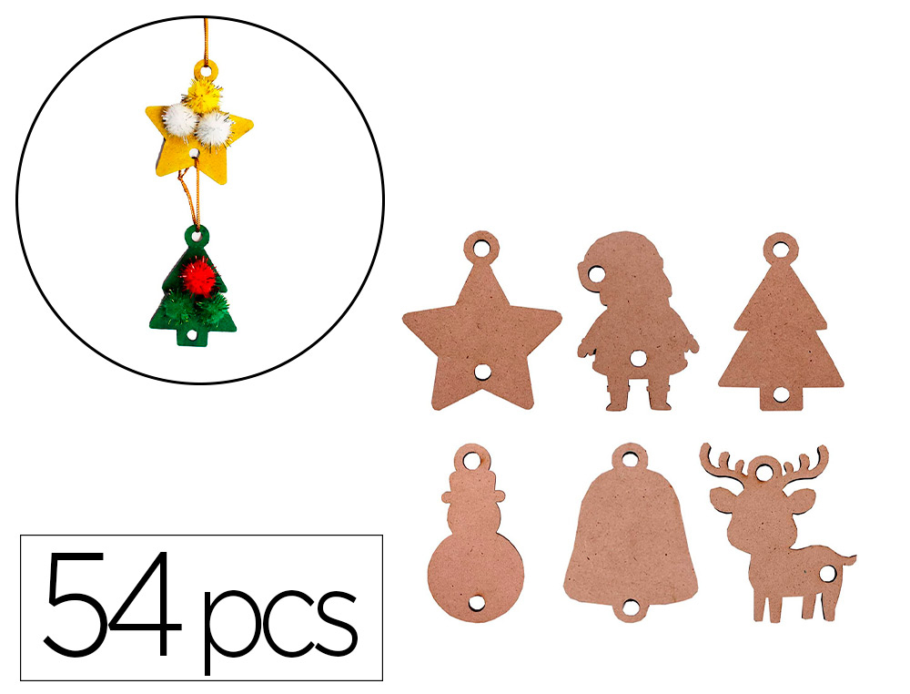 FORMES DE NO L SODERTEX PLEINES EN BOIS + FILS DOR S  - 2 MM - 6CM - 6 FORMES - 54  PCS - 1 COLORIS