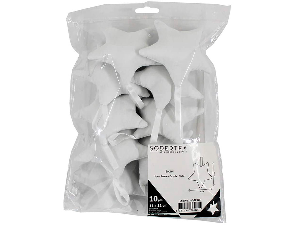 PACK ETOILES SODERTEX COTON AVEC ACCROCHE   CUSTOMISER -  10 PCS -11 CM - 1 COLORIS