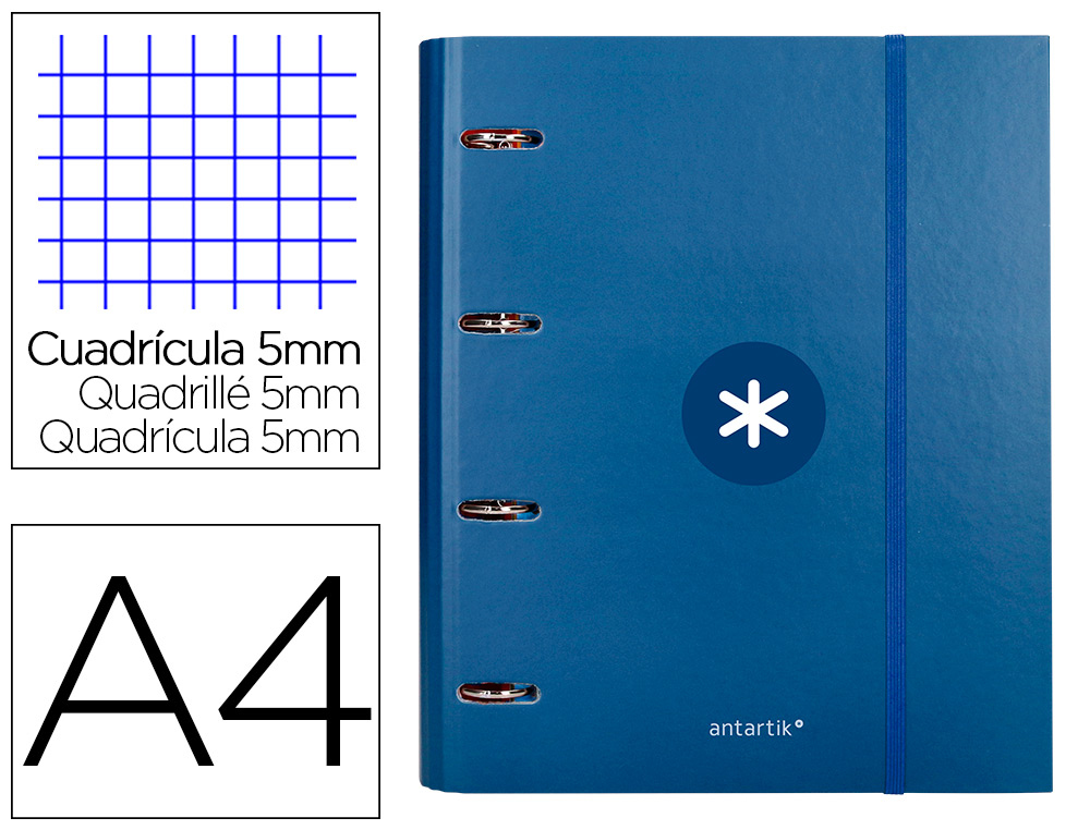CLASSEUR ANTARTIK 4 ANNEAUX RONDS 40MM A4 CARTON REMBORDE FEUILLETS MOBILES Q5X5 COLORISBLEU