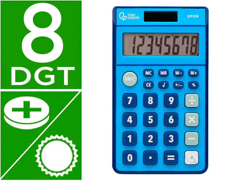 CALCULATRICE DE POCHE LIDERPAPEL XF09 8 CHIFFRES    SOLAIRE ET PILES 115X65X8 MM  COLORIS BLEU