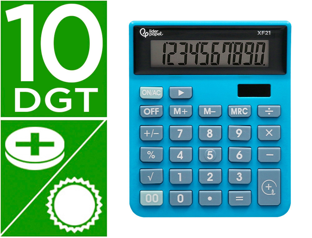 CALCULATRICE DE BUREAU LIDERPAPEL XF21 10 CHIFFRES   SOLAIRE ET PILES 127X105X24   MM COLORIS BLEU