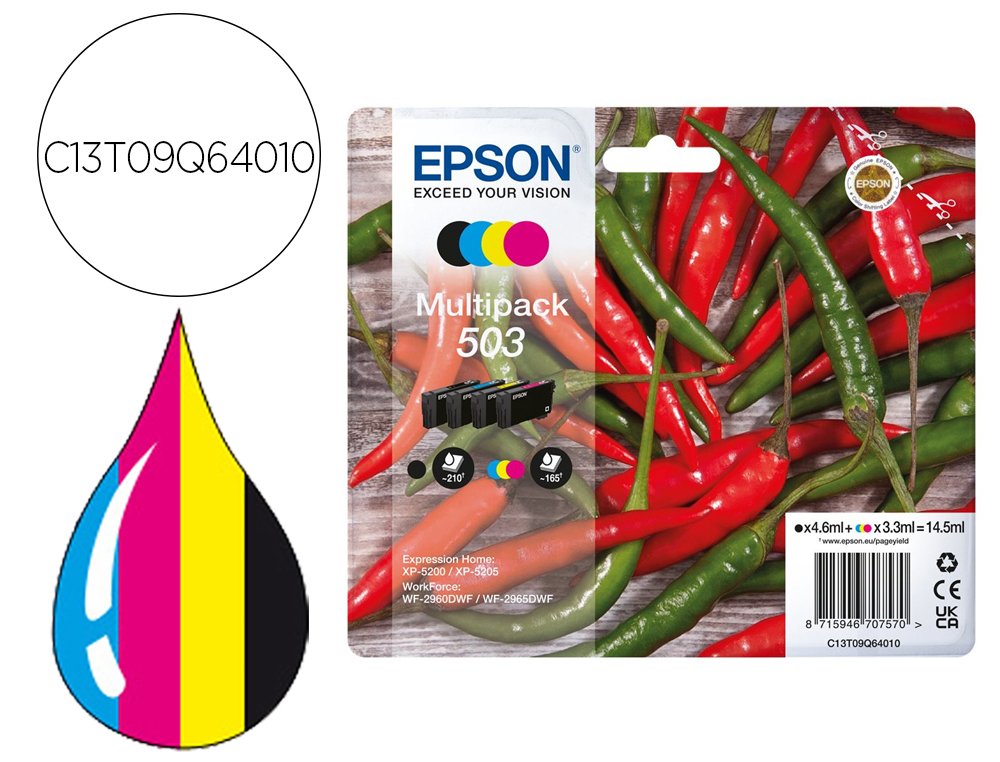 CARTOUCHE ENCRE EPSON 503 PIMENTS WORKFORCE WF-2960     COULEUR NOIR JAUNE CYAN       MAGENTA MULTIPACK 4 UNITES