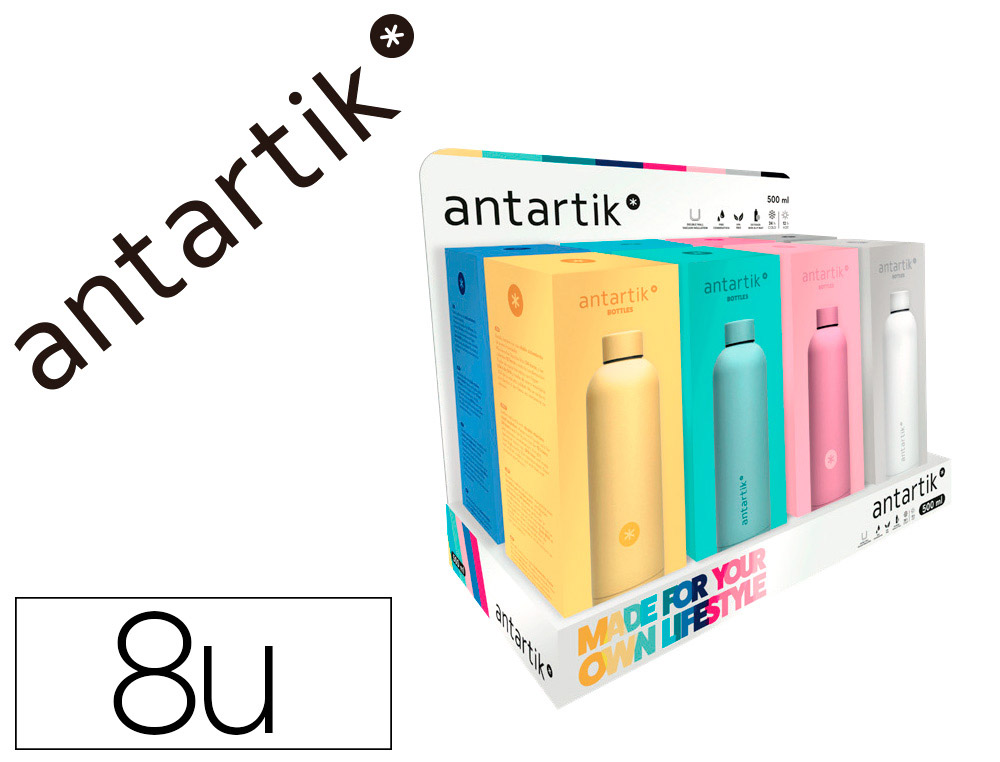 PRESENTOIR ANTARTIK BOUTEILLE ISOTHERME ACIER INOXYDABLE    SANS BPA 500ML COLORIS        ASSORTIS 8 UNITES