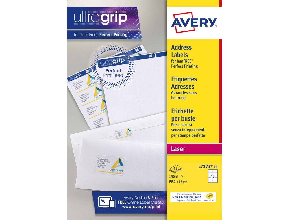 ETIQUETTE EXPEDITION AVERY IMPRESSION LASER 99,1X57MM    COLORIS BLANC POCHETTE 150    UNITES