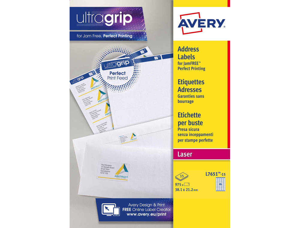 ETIQUETTE EXPEDITION AVERY IMPRESSION LASER 38,1X21,2MM  COLORIS BLANC POCHETTE 975    UNITES