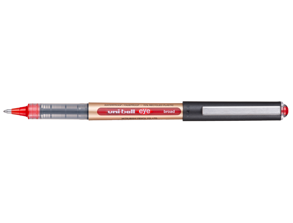 ROLLER UNIBALL EYE PLASTIQUE RECYCLE ENCRE LIQUIDE         ECRITURE LARGE POINTE METAL   COLORIS ROUGE