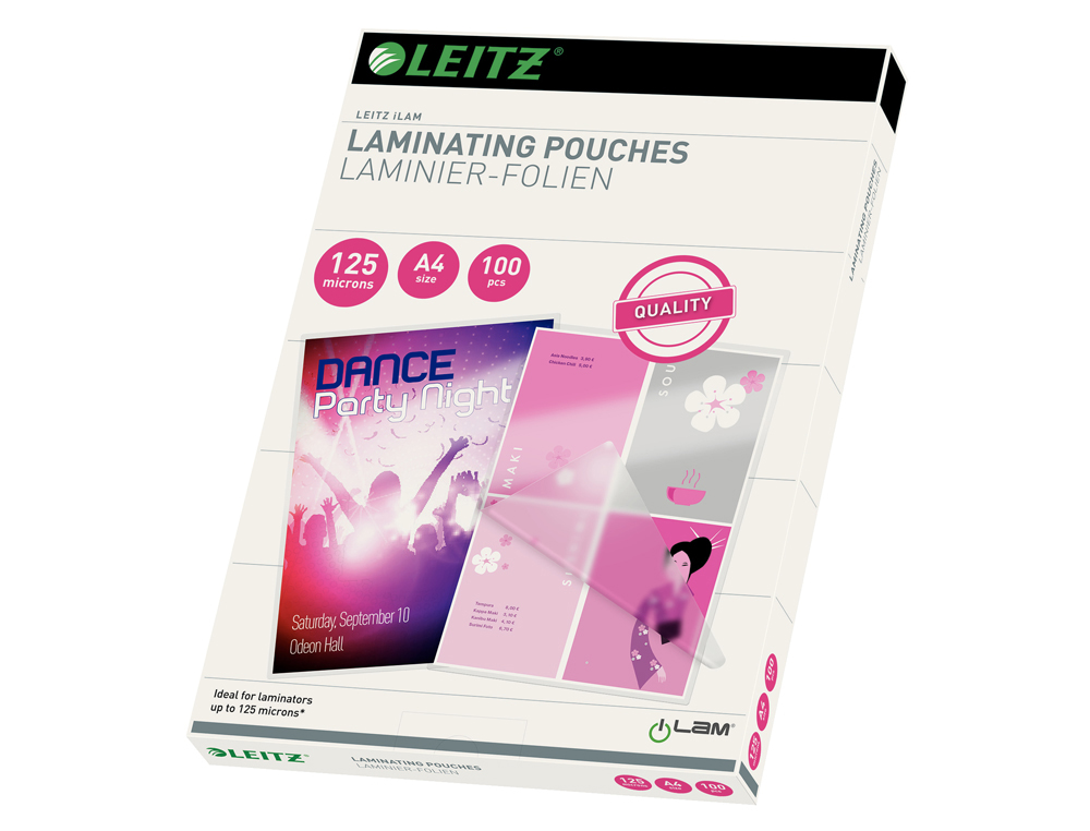 POCHETTE PLASTIFICATION LEITZ A4 125 MICRONS COLORIS        TRANSPARENT BOITE 100 UNITES