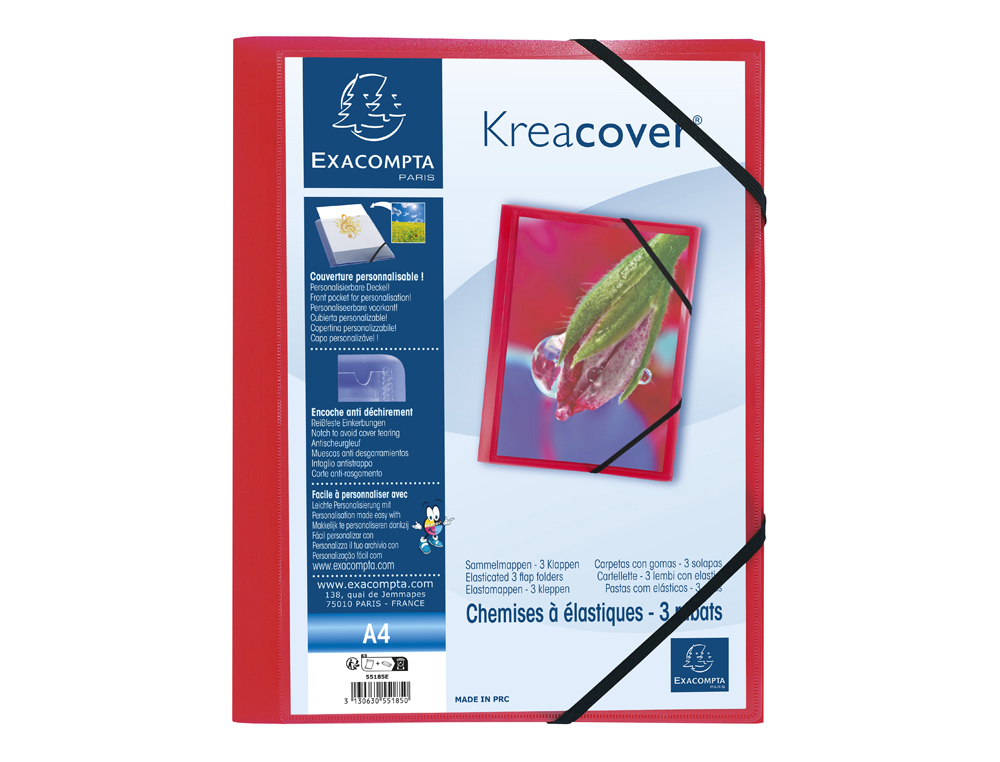 CHEMISE 3 RABATS EXACOMPTA KREA COVER A4 COUVERTURE      PERSONNALISABLE PP            TRANSPARENT COLORIS ROUGE