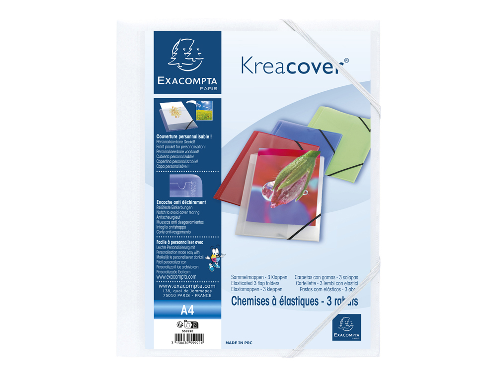 CHEMISE 3 RABATS EXACOMPTA KREA COVER A4 COUVERTURE      PERSONNALISABLE PP OPAQUE     COLORIS BLANC
