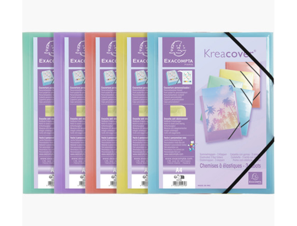 CHEMISE 3 RABATS EXACOMPTA KREA COVER A4 COUVERTURE      PERSONNALISABLE PP COLORIS    PASTEL ASSORTIS