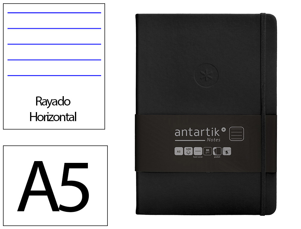 CARNET FERMETURE ELASTIQUE ANTARTIK NOTES COUVERTURE     RIGIDE A5 LIGNE 100 FEUILLES  80GR FSC COLORIS NOIR