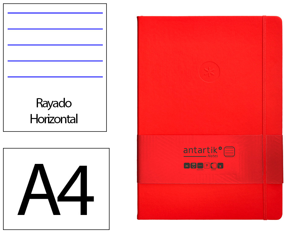 CARNET FERMETURE ELASTIQUE ANTARTIK NOTES COUVERTURE     RIGIDE A4 LIGNE 100 FEUILLES  80GR FSC COLORIS ROUGE