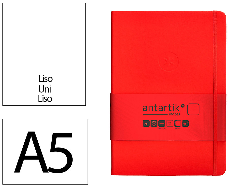 CARNET A5 ANTARTIK NOTES PAPIER UNI IVOIRE COUVERTURE  RIGIDE FERMETURE ELASTIQUE 100PAGES 80GR COLORIS ROUGE