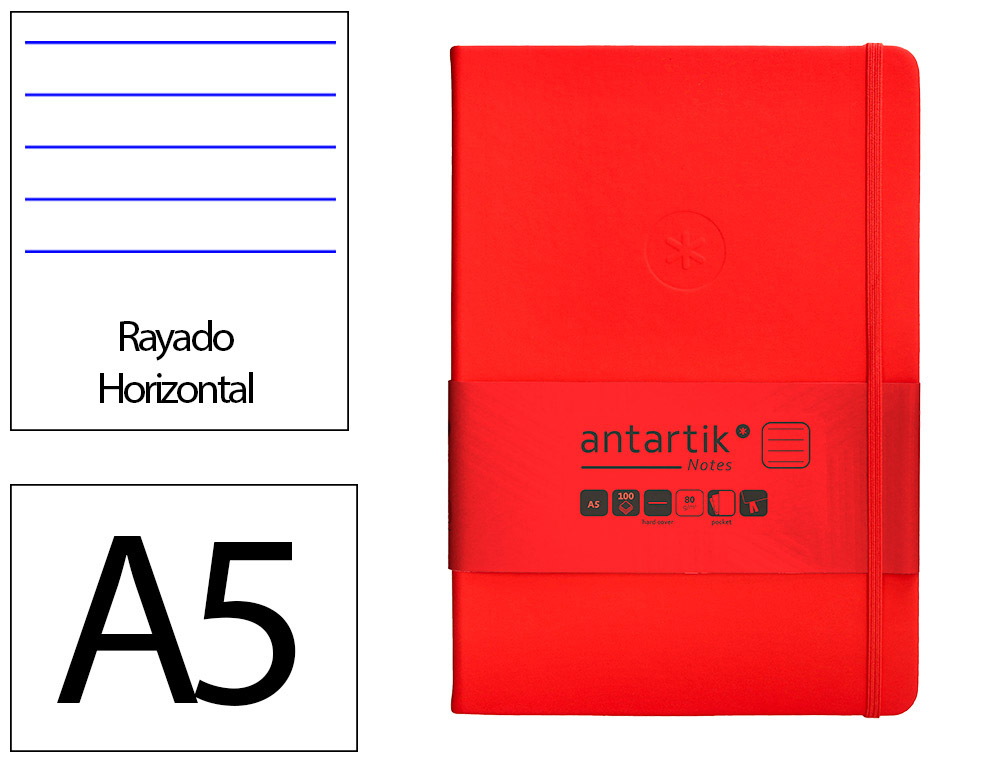 CARNET A5 ANTARTIK NOTES LIGNECOUVERTURE RIGIDE FERMETURE   ELASTIQUE 100 PAGES 80GR      COLORIS ROUGE