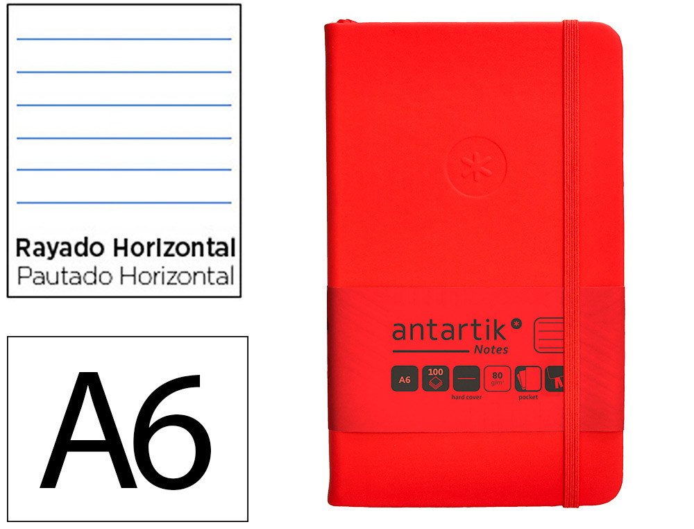 CARNET A6 ANTARTIK NOTES LIGNECOUVERTURE RIGIDE FERMETURE   ELASTIQUE 100 PAGES 80GR      COLORIS ROUGE