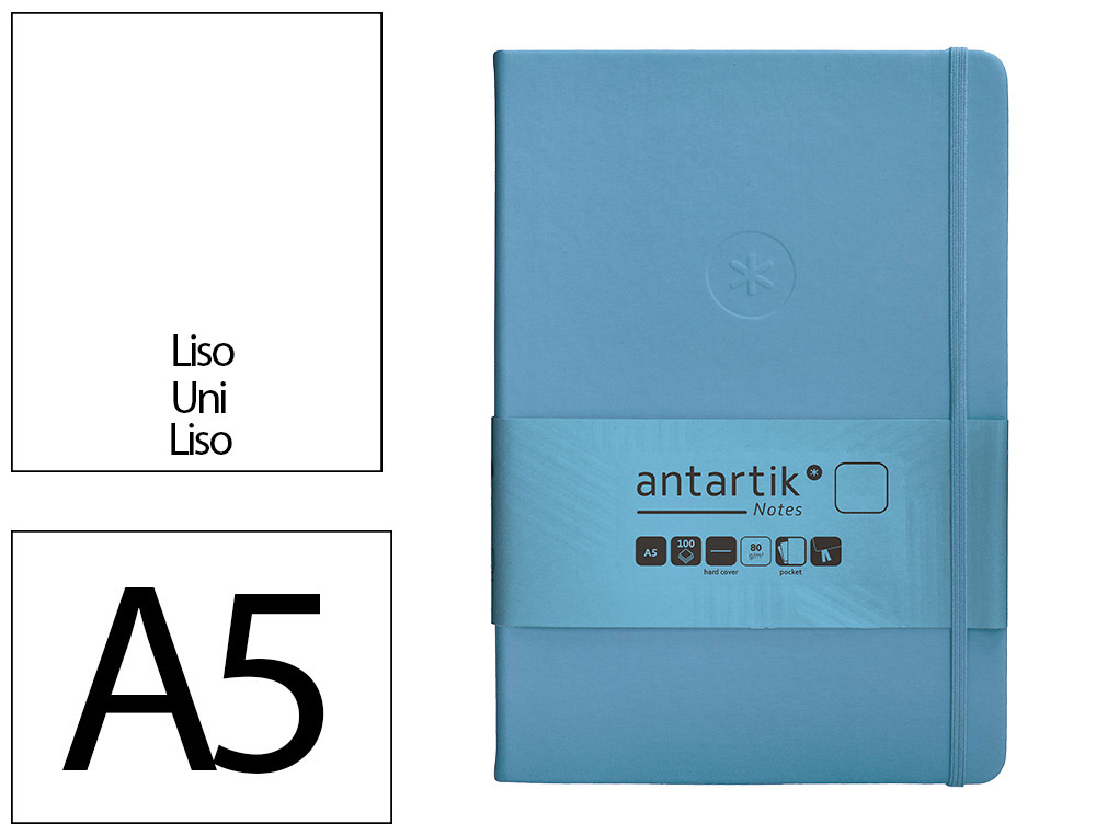 CARNET A5 ANTARTIK NOTES PAPIER UNI IVOIRE COUVERTURE  RIGIDE FERMETURE ELASTIQUE 100PAGES 80GR COLORIS BLEU CIEL