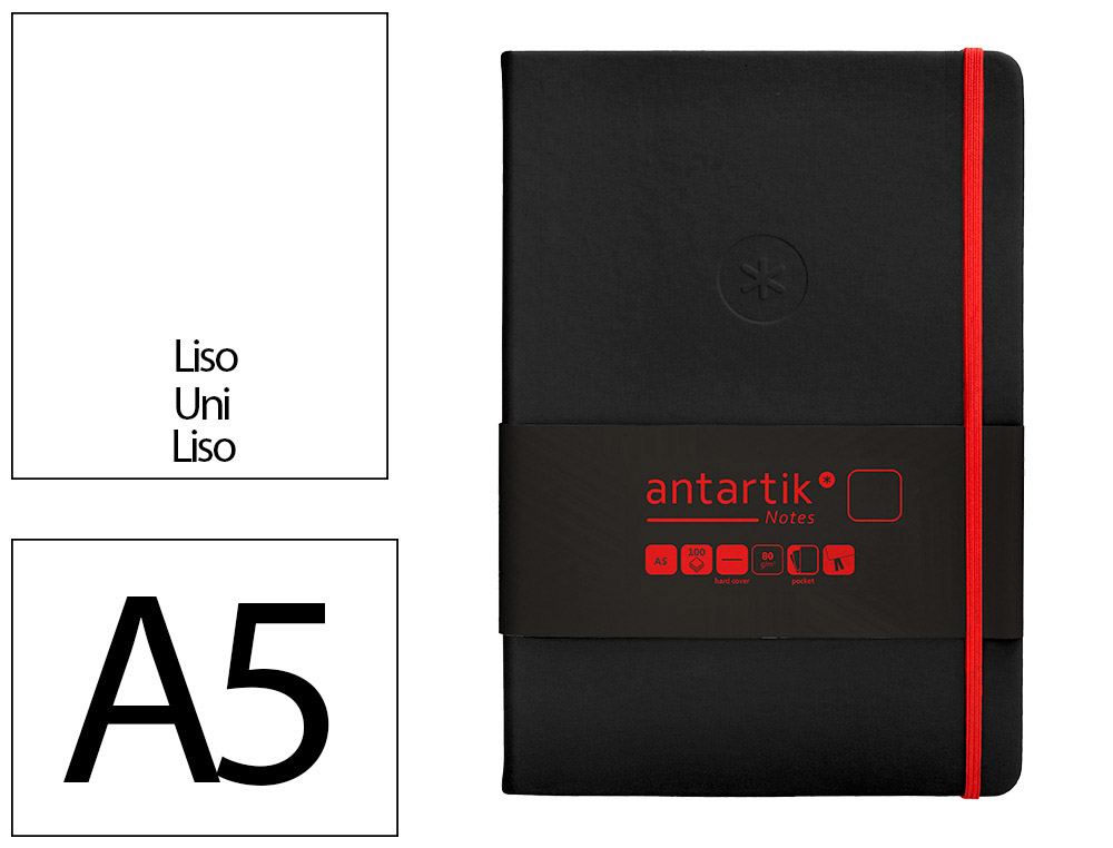 CARNET A5 ANTARTIK NOTES PAPIER UNI IVOIRE COUVERTURE RIGIDE FERMETURE ELASTIQUE ROUGE 200 PAGES 80GR COLORIS NOIR