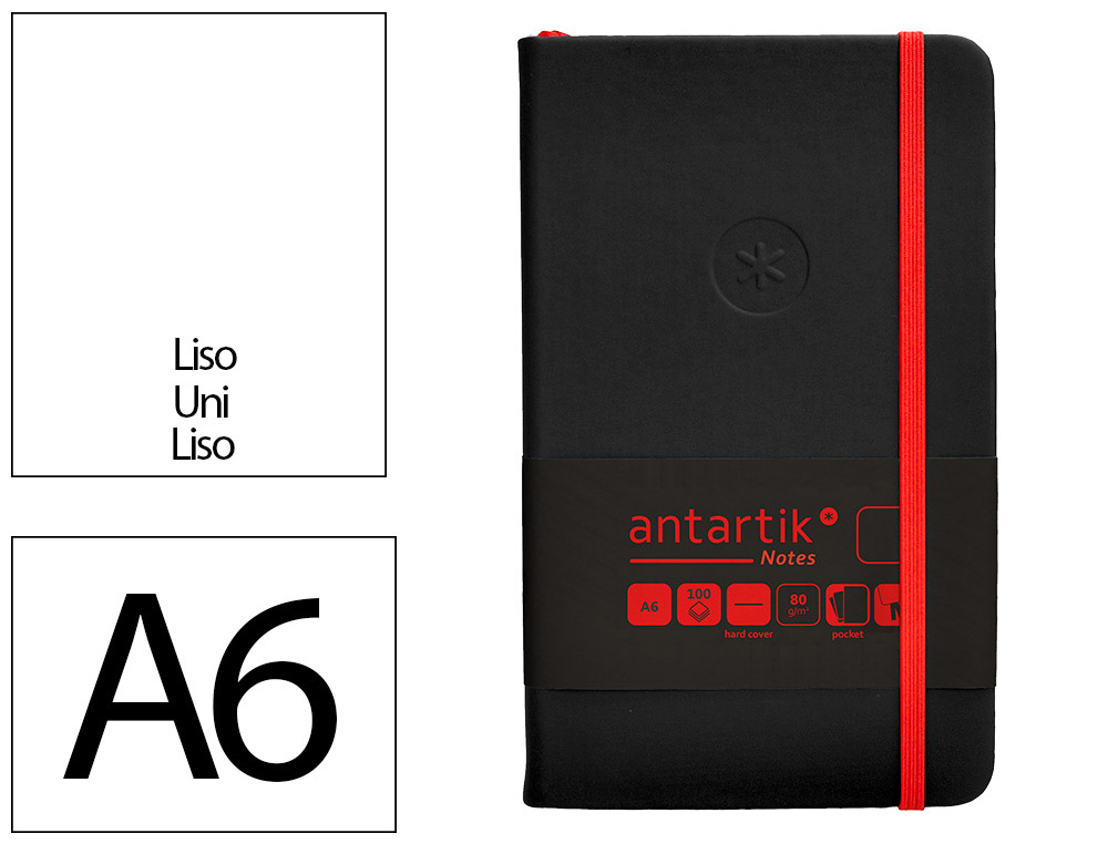CARNET A6 ANTARTIK NOTES PAPIER UNI IVOIRE COUVERTURE RIGIDE FERMETURE ELASTIQUE ROUGE 100 PAGES 80GR COLORIS NOIR