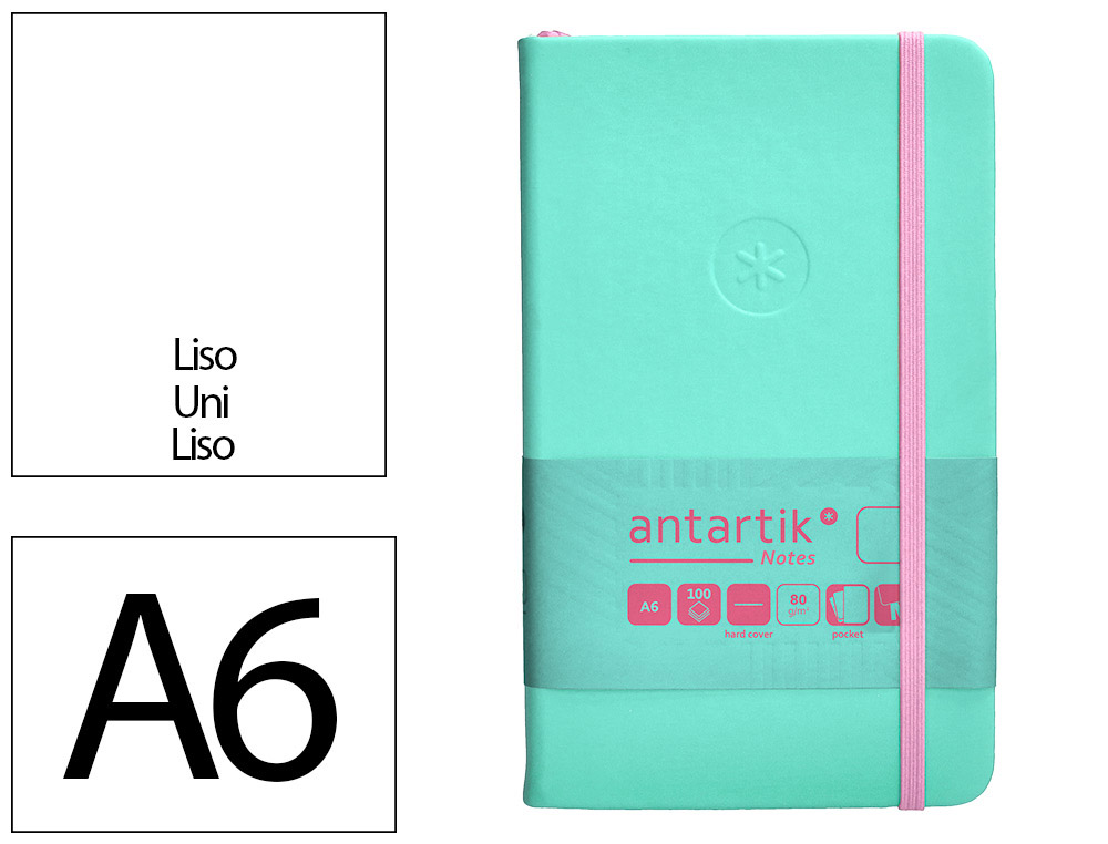 CARNET A6 ANTARTIK NOTES PAPIER UNI IVOIRE COUVERTURE RIGIDE FERMETURE ELASTIQUE ROSE 100 PAGES 80GR COLORIS TURQUOISE
