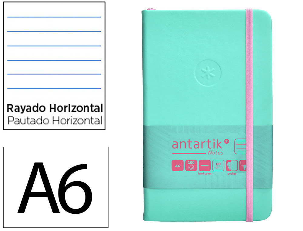 CARNET FERMETURE ELASTIQUE ROSE ANTARTIK NOTES COUVERTURERIGIDE A6 LIGNE 100 FEUILLES  80GR FSC COLORIS TURQUOISE