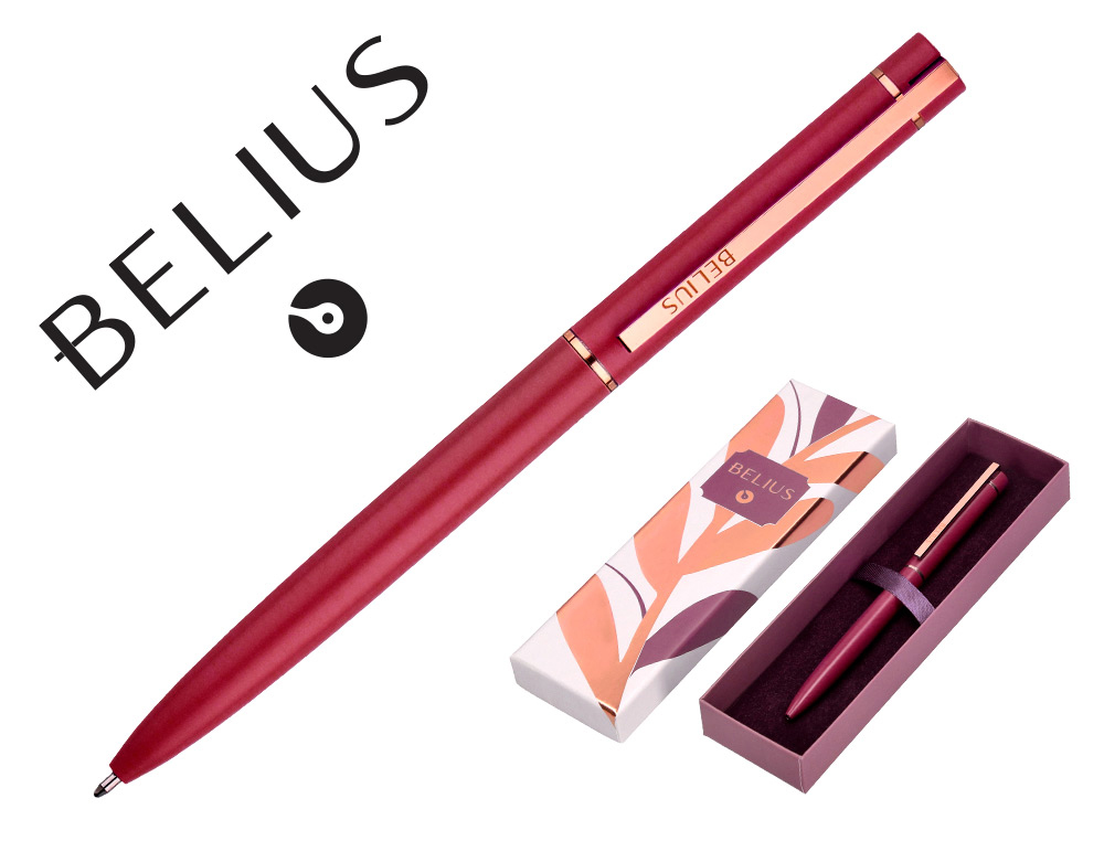 STYLO-BILLE BELIUS ROSE CORPS ALUMINIUM ENCRE BLEUE COLORIS BORDEAUX OR ROSE BOITE DESIGN