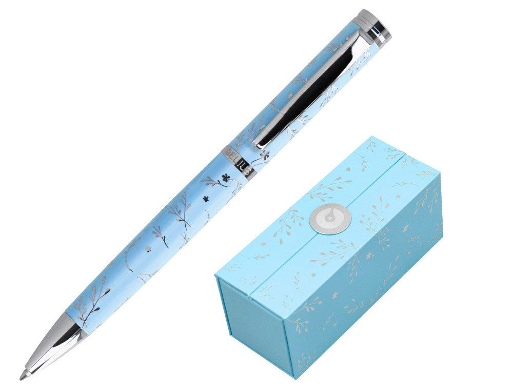 STYLO-BILLE BELIUS COLLECTION BELLA ALUMINIUM ENCRE BLEUE   COLORIS BLEU CIEL             DESIGN RELIEF ARGENTE BOITE