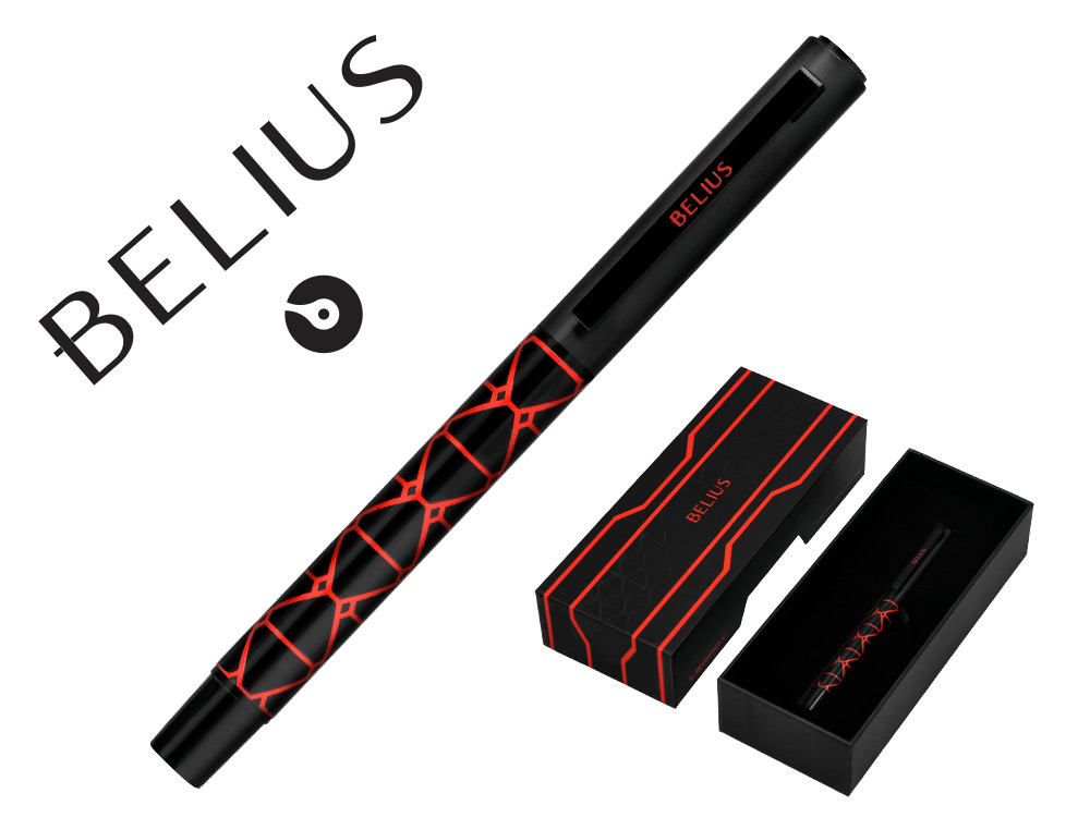 STYLO-BILLE BELIUS LEGACY ALUMINIUM ENCRE BLEUE DESIGN  TRIANGLE ROUGE CORPS NOIR     BOITE DESIGN