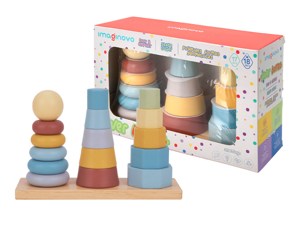 JEU ENFANT IMAGINOVO TOUR FORMES EMPILABLES BOIS +18    MOIS 17 PIECES 28X20X9 CM