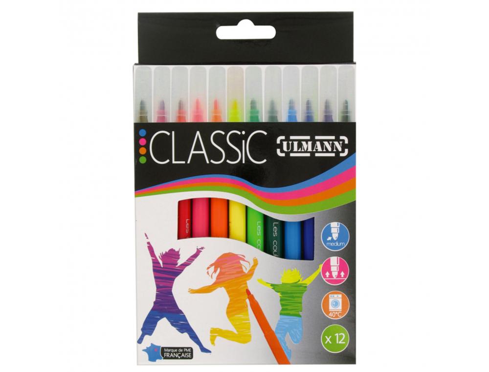 POCHETTE FEUTRES DE COLORIAGE ULMANN POINTE MOYENNE BLOQUEE 12 UNITES COLORIS ASSORTIS