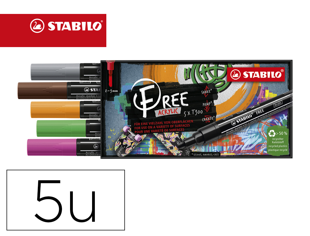 MARQUEUR STABILO VINTAGE FREE ACRYLIC TOUTES SURFACES T300  POINTE MOYENNE SET 3 COLORIS  ASSORTIS COFFRET 5 UNITES