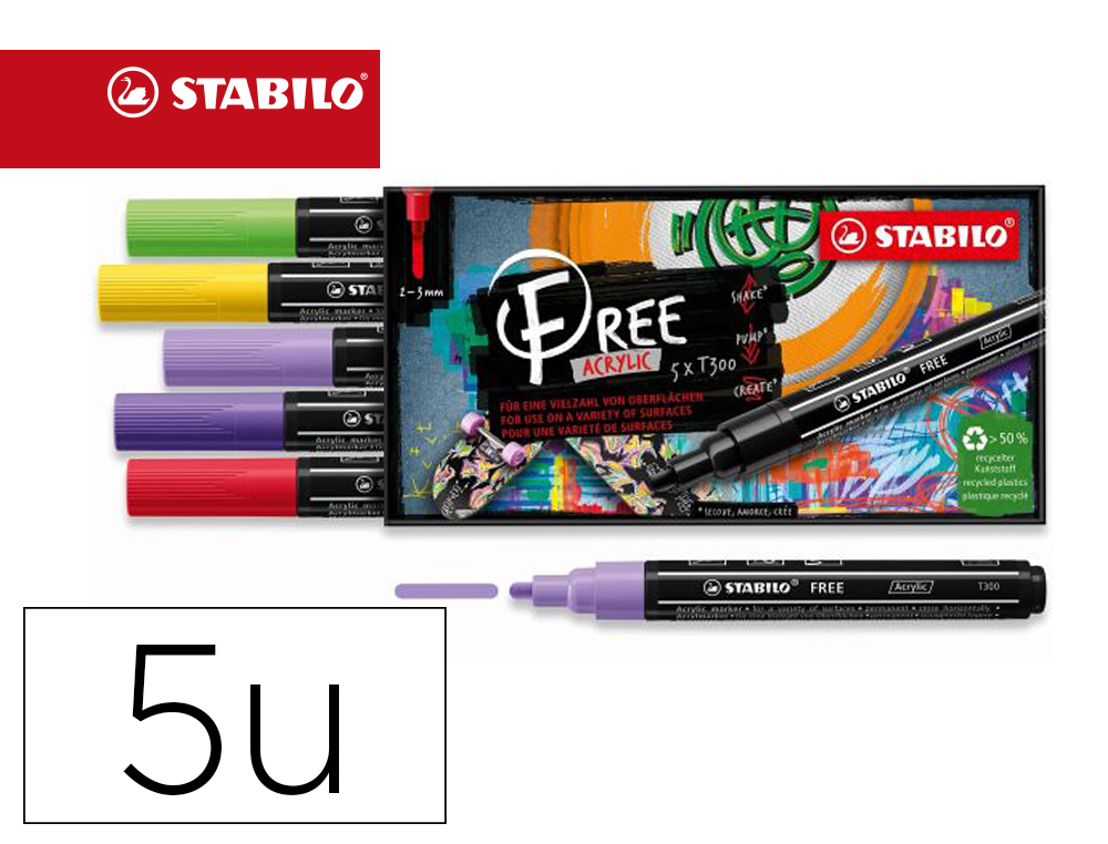 MARQUEUR STABILO VIBRANT FREE ACRYLIC TOUTES SURFACES T300  POINTE MOYENNE SET 4 COLORIS  ASSORTIS COFFRET 5 UNITES