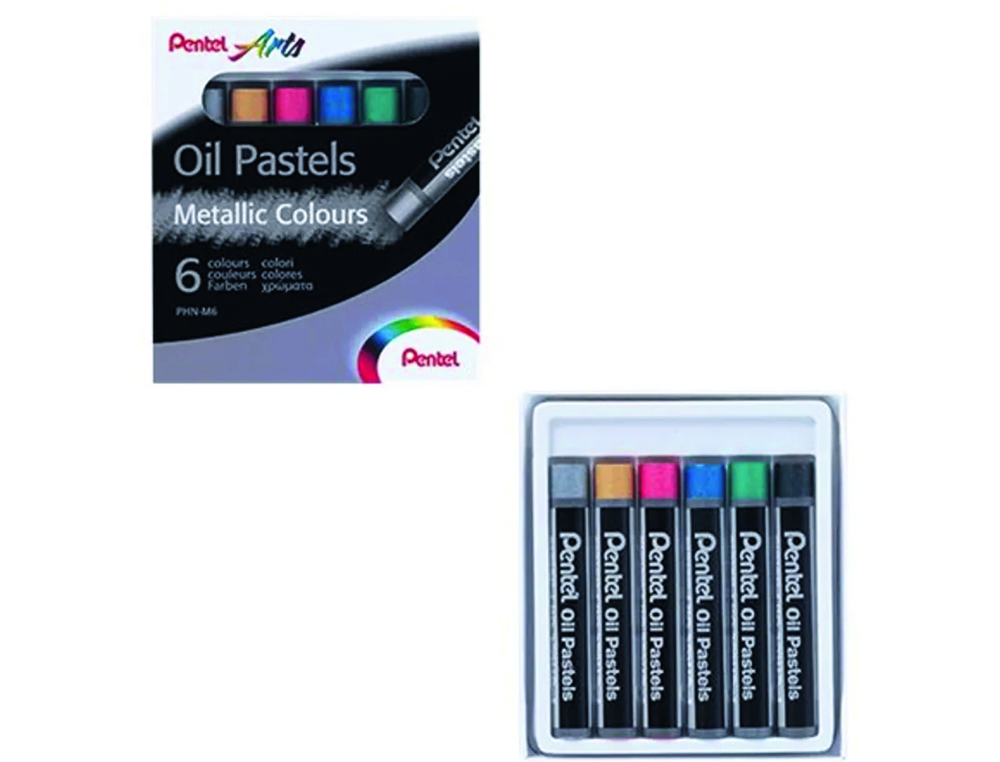 PASTEL HUILE PENTEL ARTS CORPS ROND ENROBAGE PAPIER    NON SALISSANT COLORIS         METALLISES ASSORTIS BOITE 6