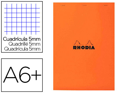 BLOC BUREAU RHODIA A6+ PAPIER VÉLIN SURFIN COUVERTURE ENDUITE ENVELOPPANTE 110X170MM 80F DÉTACHABLES 80G 5X5MM ORANGE
