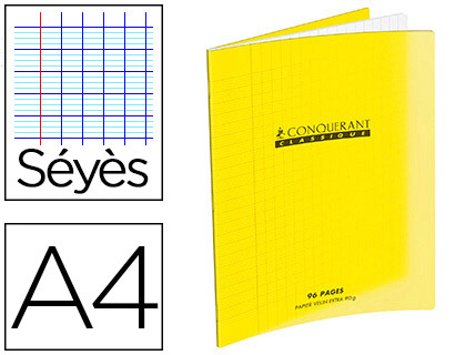 CAHIER PIQU CONQURANT CLASSIQUE COUVERTURE POLYPROPYLNE RIGIDE TRANSPARENTE A4 21X29,7CM 96 PAGES 90G SYS JAUNE