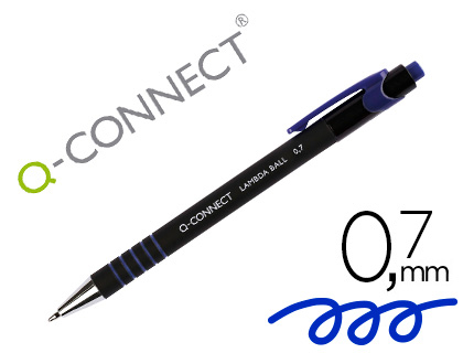 STYLO-BILLE Q-CONNECT LAMBDA RTRACTABLE CRITURE MOYENNE 0.7MM POINTE MTAL CORPS CAOUTCHOUC COULEUR ENCRE BLEU