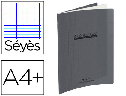 CAHIER PIQU CONQURANT CLASSIQUE COUVERTURE POLYPROPYLNE RIGIDE TRANSPARENTE A4+ 24X32CM 96 PAGES 90G SYS GRIS