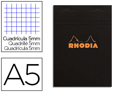 BLOC BUREAU RHODIA A5 PAPIER VÉLIN SURFIN COUVERTURE ENDUITE ENVELOPPANTE 148X210MM 80F DÉTACHABLES 80G 5X5MM NOIR